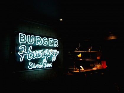 Burger Hungry logo typeface on neon light